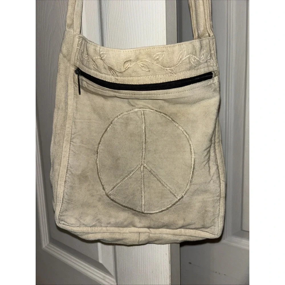 Flying High Foot Path Trading Co Messenger Bag Zip Beige Peace Sign Embroidery